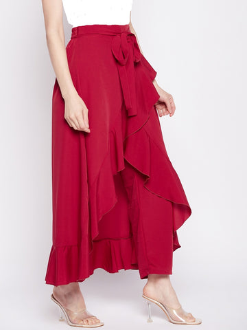 Nabia Red Solid Ruffled Flared Maxi Skirt With Attached Trousers