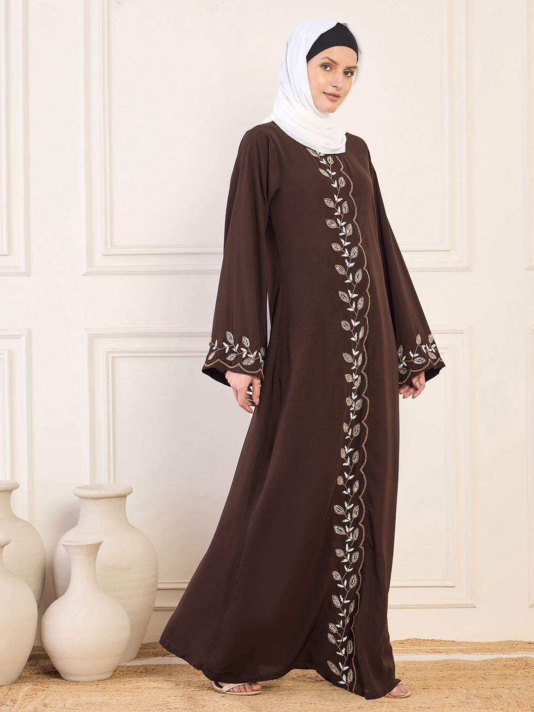 Nabia Brown Solid Hand Work Detailing Luxury Abaya Burqa For Women With White Hijab