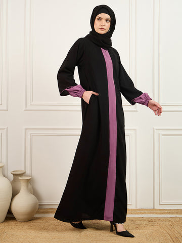 Nabia's two-colored black and pink abaya burqa with Black Georgette Hijab