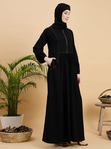 Black Solid Zip Abaya Burqa with Black Georgette Hijab
