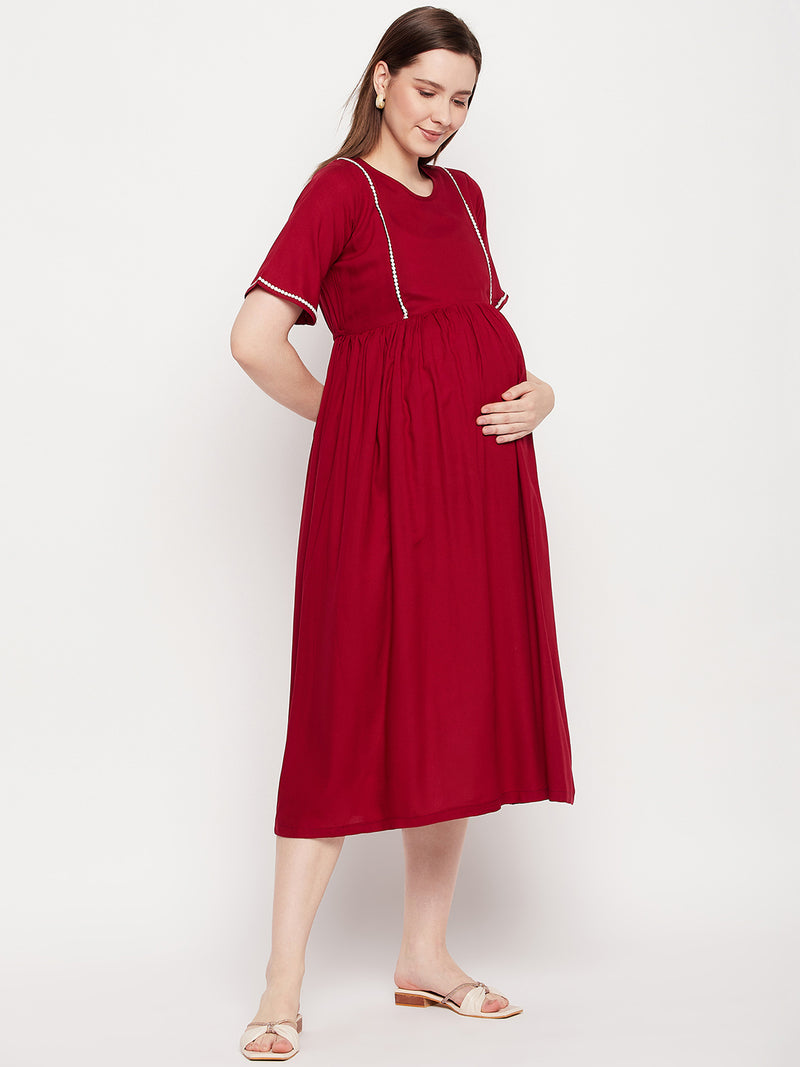 Nabia Women Maroon Solid Pre and Post Pregnancy / Maternity Dress