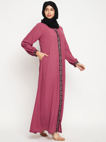 Nabia Embroidery Work Solid Pink Front Open Abaya Burqa For Women With Black Scarf