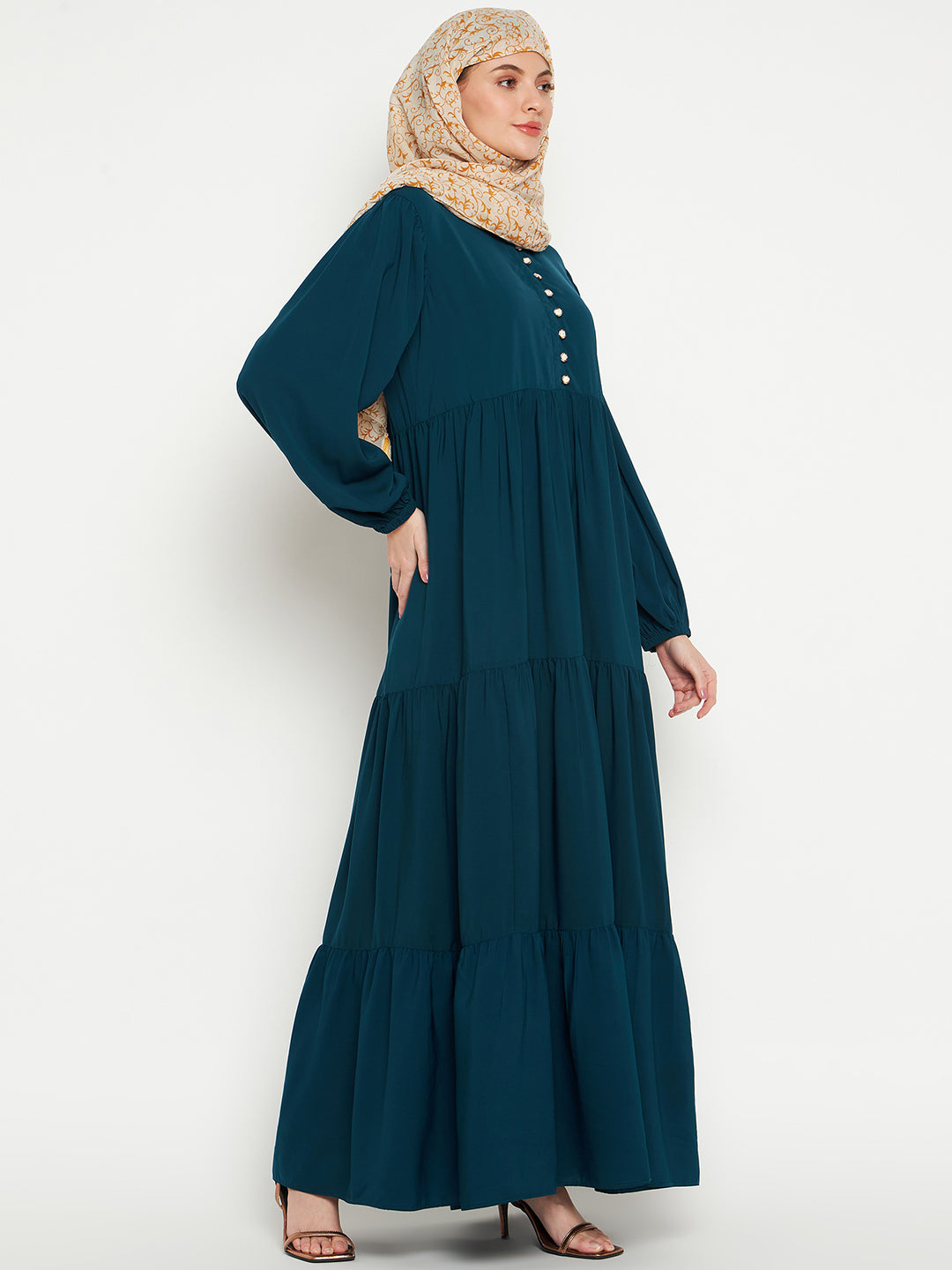 Nabia Women Teal Solid Frilled Abaya Burqa With Black Georgette Scarf