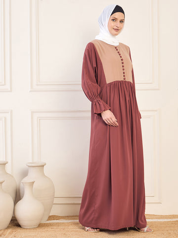 Nabia Rust and Beige Two Color Abaya Burqa With White Georgette Hijab