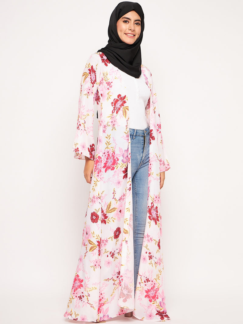 Nabia Women Multicolor Printed Front Open Shrug Abaya with Black Scarf