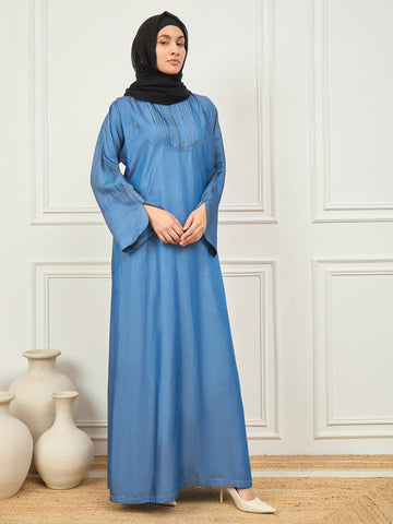 Nabia's Blue Solid Denim Abaya burqa with Black Georgette Hijab