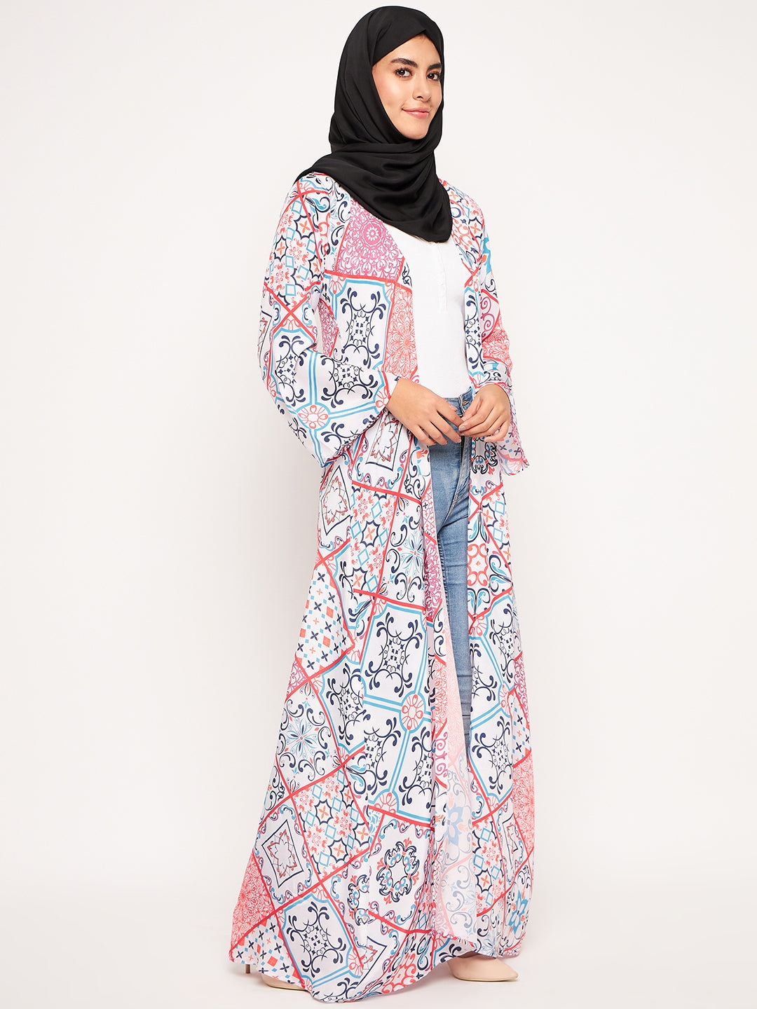 Nabia Multicolor Printed Front Open Shrug Abaya for Women with Black Scarf