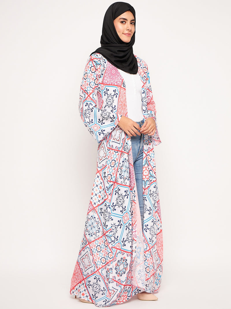 Nabia Women Multicolor Printed Front Open Shrug Abaya with Black Scarf