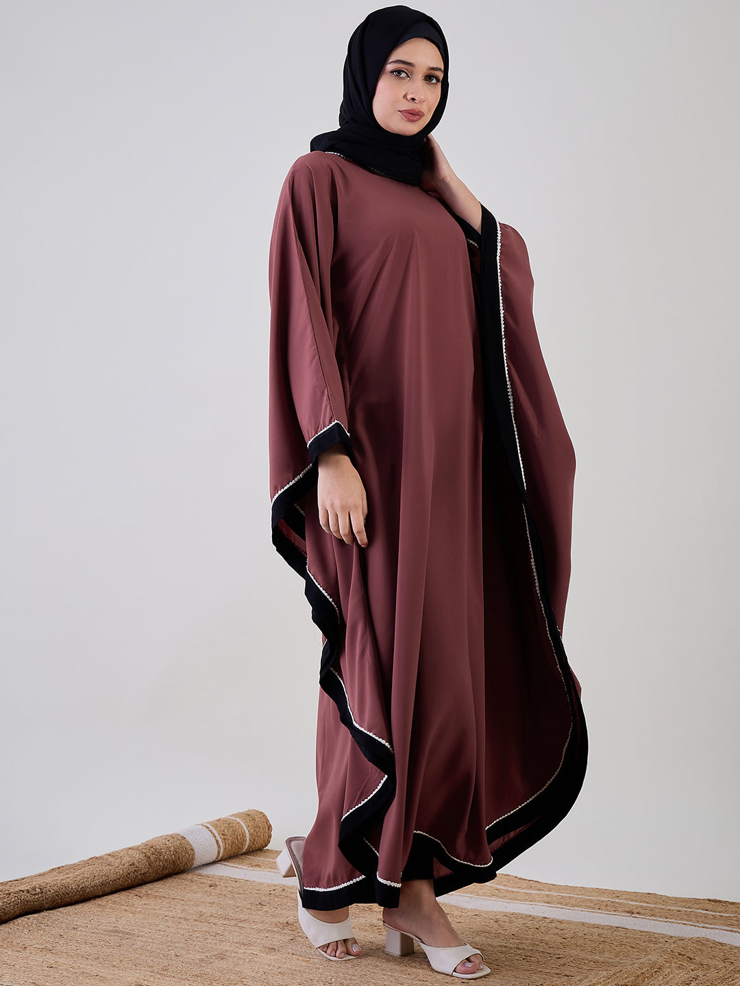 Nabia Rust Solid Loose Fit Kaftan Abaya with Black Georgette Scarf