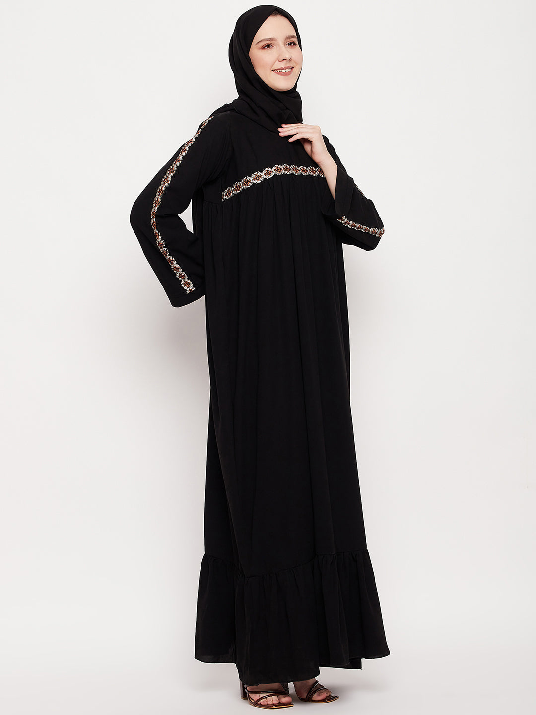 Nabia Women Black Solid Abaya Burqa With Black Georgette Scarf
