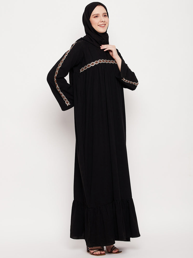 Nabia Women Black Solid Abaya Burqa With Black Georgette Scarf