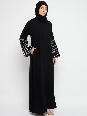 Nabia Kefiyyeh Embroidery Front Zip Closure Black Abaya Burqa With Black Scarf