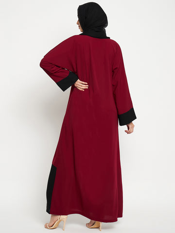 Nabia Women Maroon and Black Solid  A-line Abaya Burqa With Black Scarf