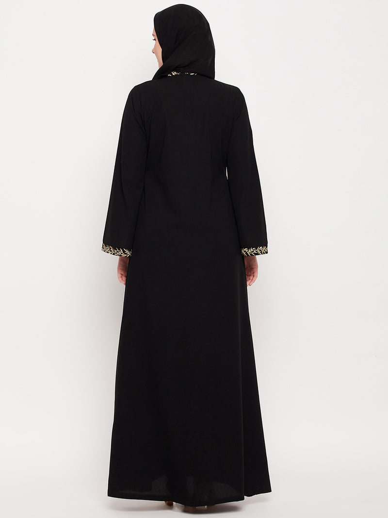Nabia Women Black Solid Nida Matte Fabric Abaya Burqa With Black Georgette Scarf
