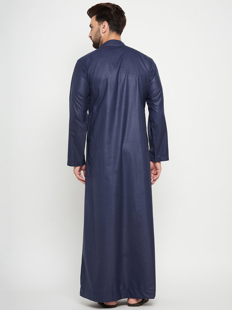 Nabia Blue Solid Mens Band Collar Thobe / Jubba with Beige Piping Design