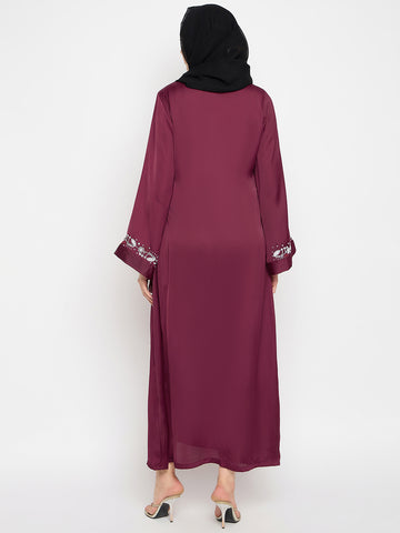 Hand Work Detailing Maroon Solid Luxury Abaya Burqa For Women With Black Georgette Hijab