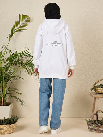 Women's Modest White Fleece Deen Over Dunya Winter Hoodie