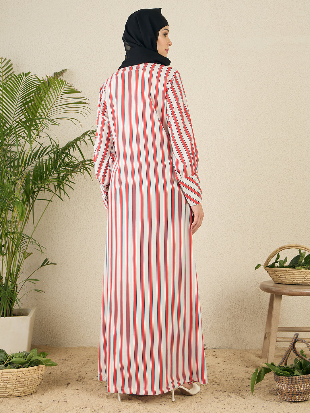 Front Open Striped Printed Abaya with Black Georgette Scarf