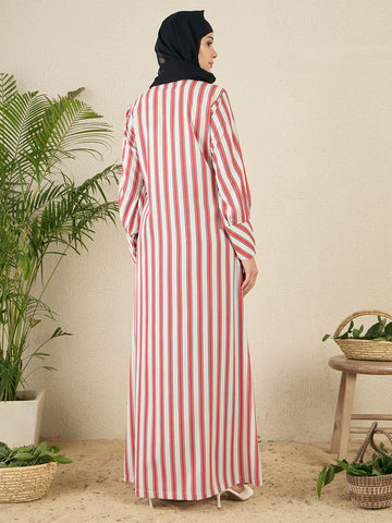 Front Open Striped Printed Abaya with Black Georgette Scarf