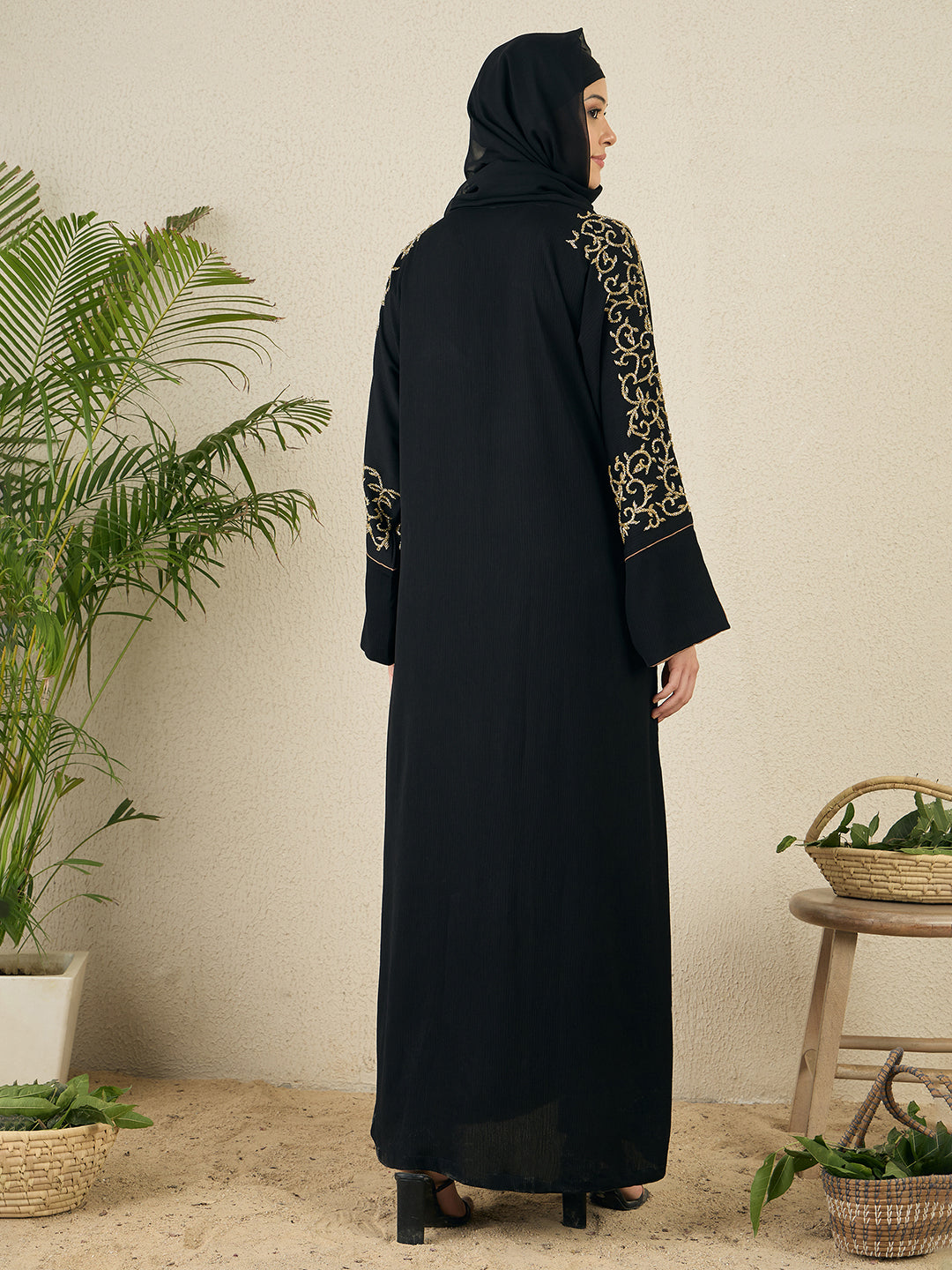 Front Open Black Embroidered Abaya with black hijab