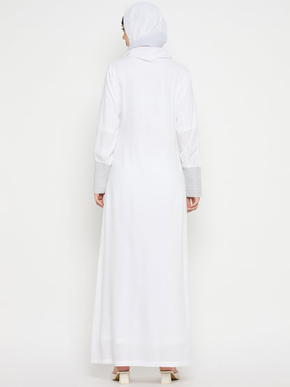 White Rayon Front Open Abaya Burqa with Black Hijab