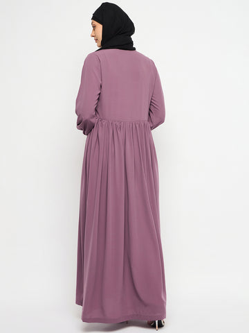 Nabia Zip-Closure Round Neck Pink Abaya Dress With Black Georgette Scarf