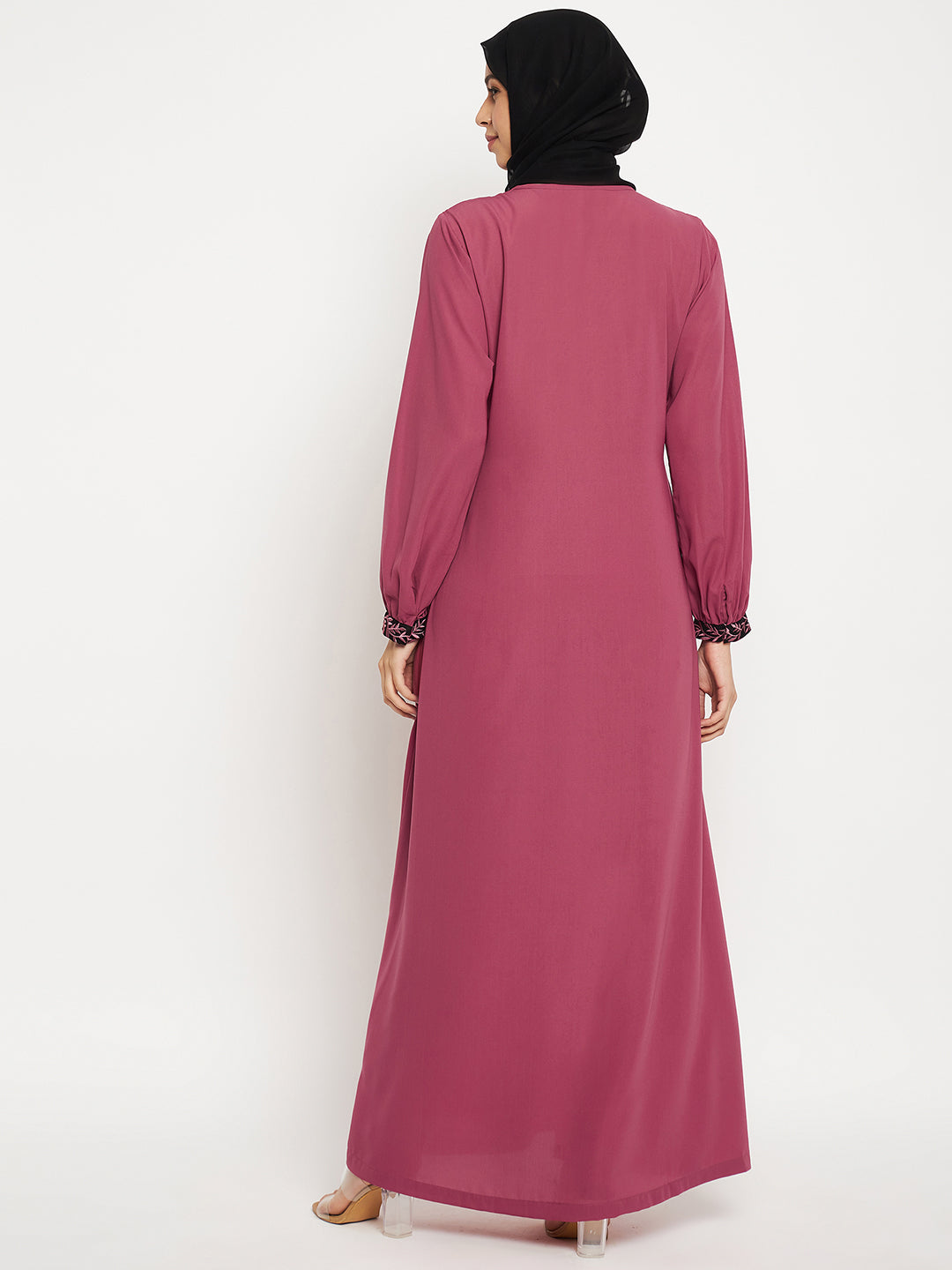 Nabia Embroidery Work Solid Pink Front Open Abaya Burqa For Women With Black Scarf