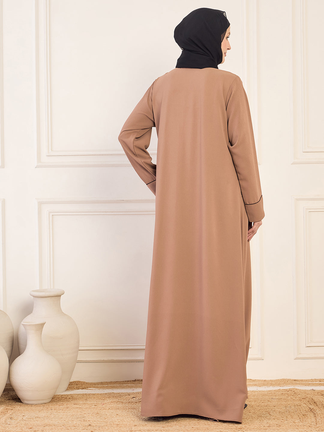 Nabia Rust Solid Front Open Coat Abaya Burqa For Women With Black Georgette Hijab