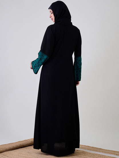 Nabia Kefiyyeh Embroidery Black Front Open Abaya with Black Georgette Hijab