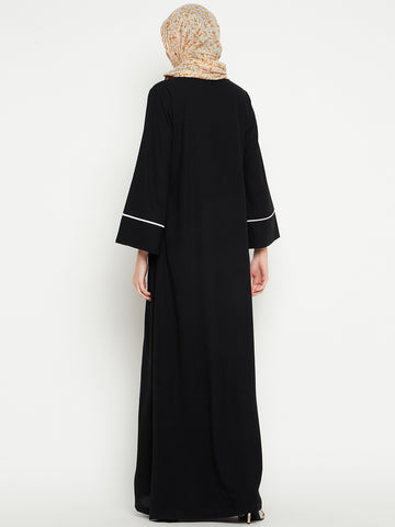 Nabia Women Black Solid Side Open Aline Abaya Burqa For Women Georgette Scarf