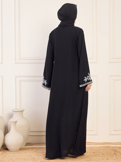 Nabia Black Handwork  Front Open Abaya for Women with Black Hijab