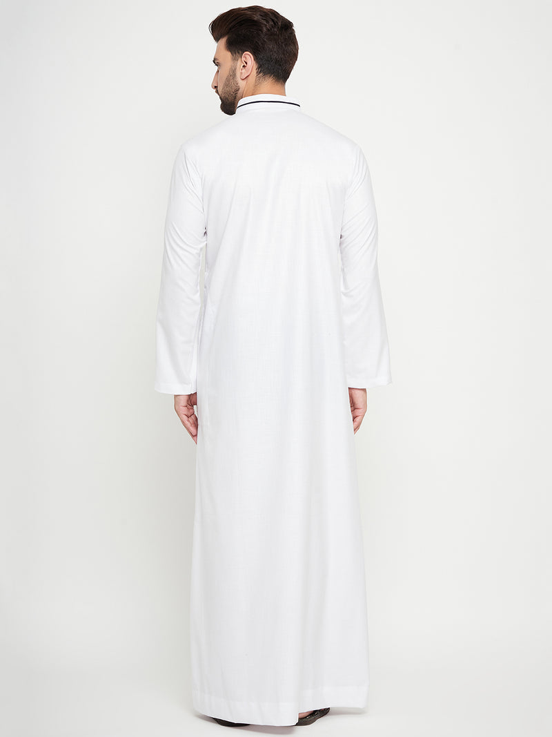Nabia White Solid Mens Band Collar Thobe / Jubba with Blue Piping Design