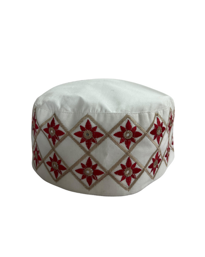 White Cotton Embroidered Kufi Cap