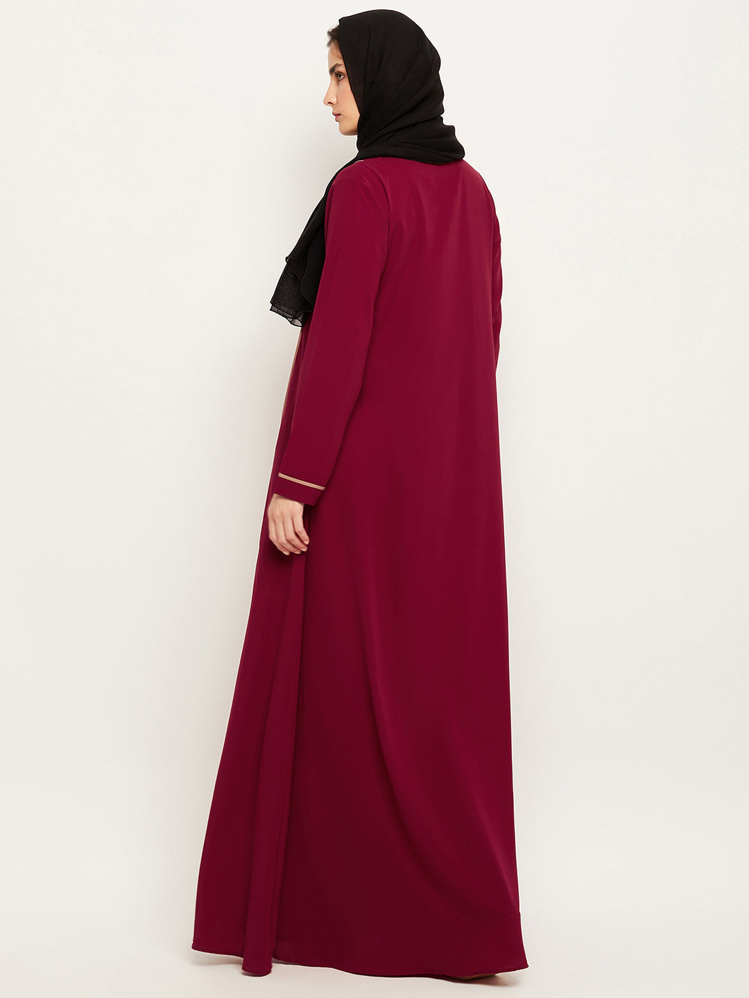 Nabia Women Solid Maroon and Beige Abaya Burqa with Georgette Scarf