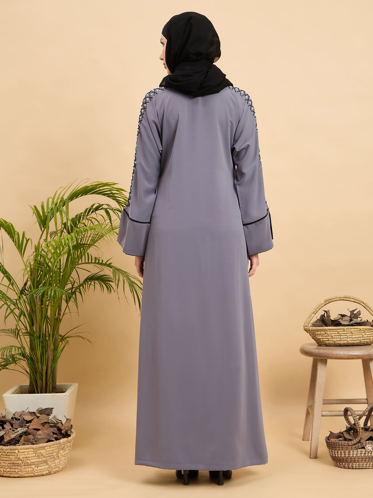 Modest Luxury Handworked Grey Abaya with Black Georgette Hijab