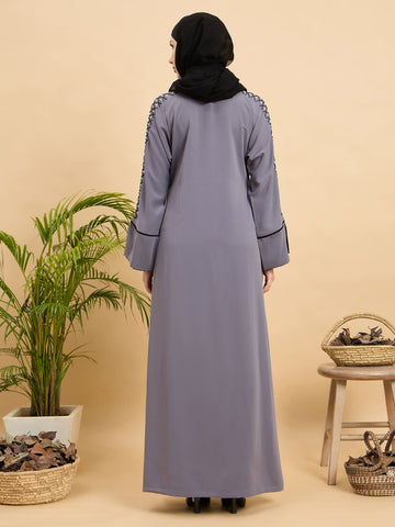 Modest Luxury Handworked Grey Abaya with Black Georgette Hijab