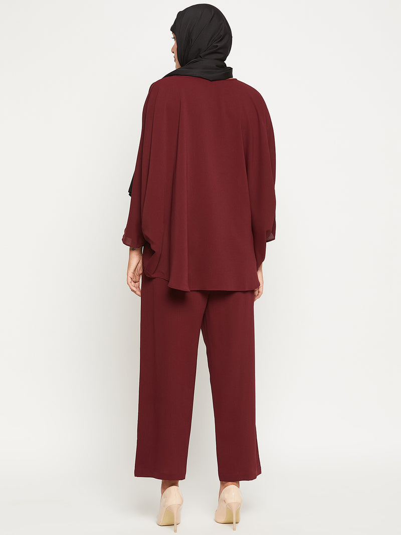 Nabia Maroon Solid Round Neck Co-ord Set for Women