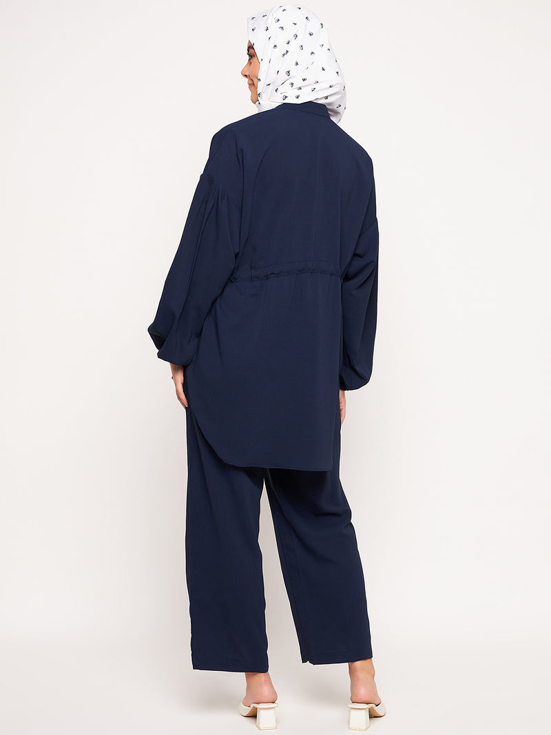 Nabia Blue Solid Elasticated Sleeves Co-ord Set for Women