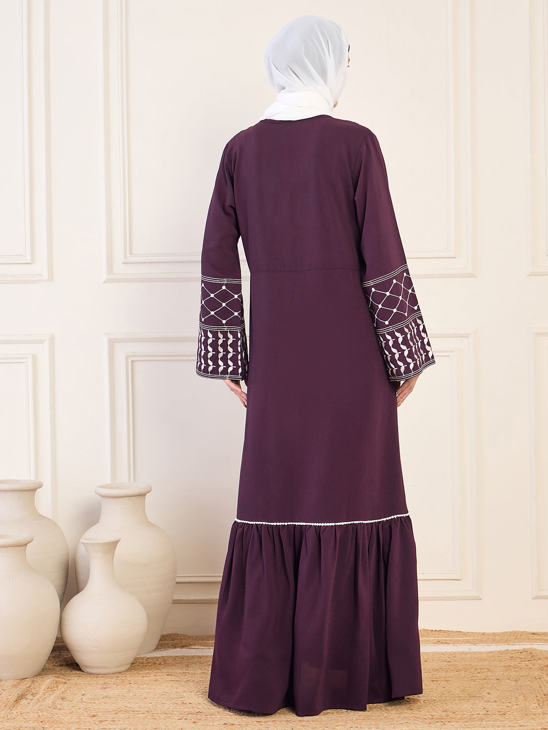 Nabia Kefiyyeh Embroidery Purple  Abaya with White Georgette Hijab