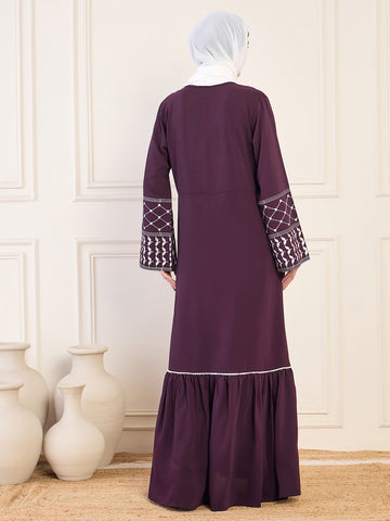 Nabia Women Kefiyyeh Embroidery Detailing Purple Solid Abaya Burqa With White Georgette Hijab