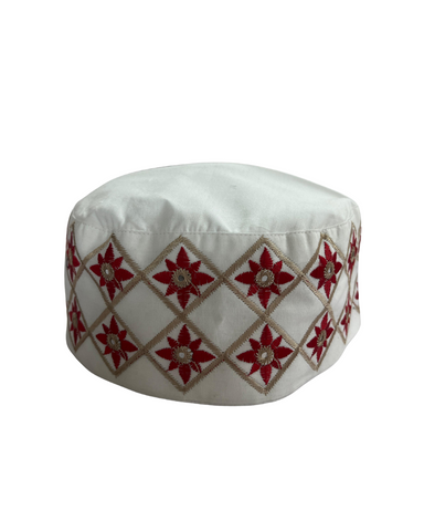 White Cotton Embroidered Kufi Cap