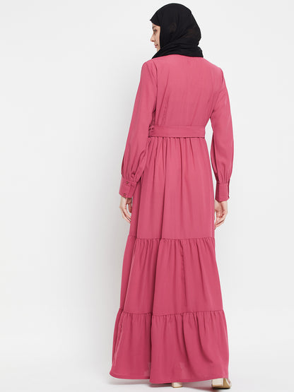 Pink Solid Front Open Frilled Abaya with Black Georgette Scarf