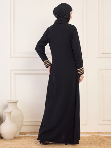 Nabia Black Solid Piping Detailing Aline Abaya Burqa For Women With Black Georgette Hijab