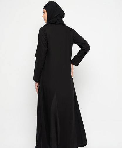Black Rayon Front Open Abaya with Georgette Scarf
