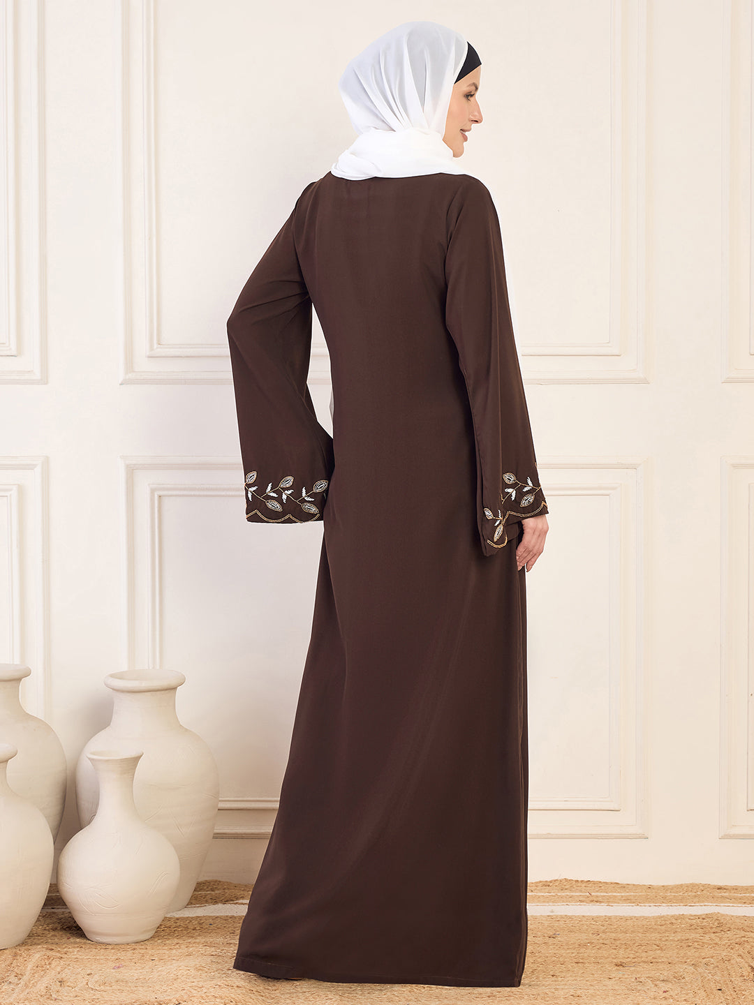 Nabia Brown Solid Hand Work Detailing Luxury Abaya Burqa For Women With White Hijab