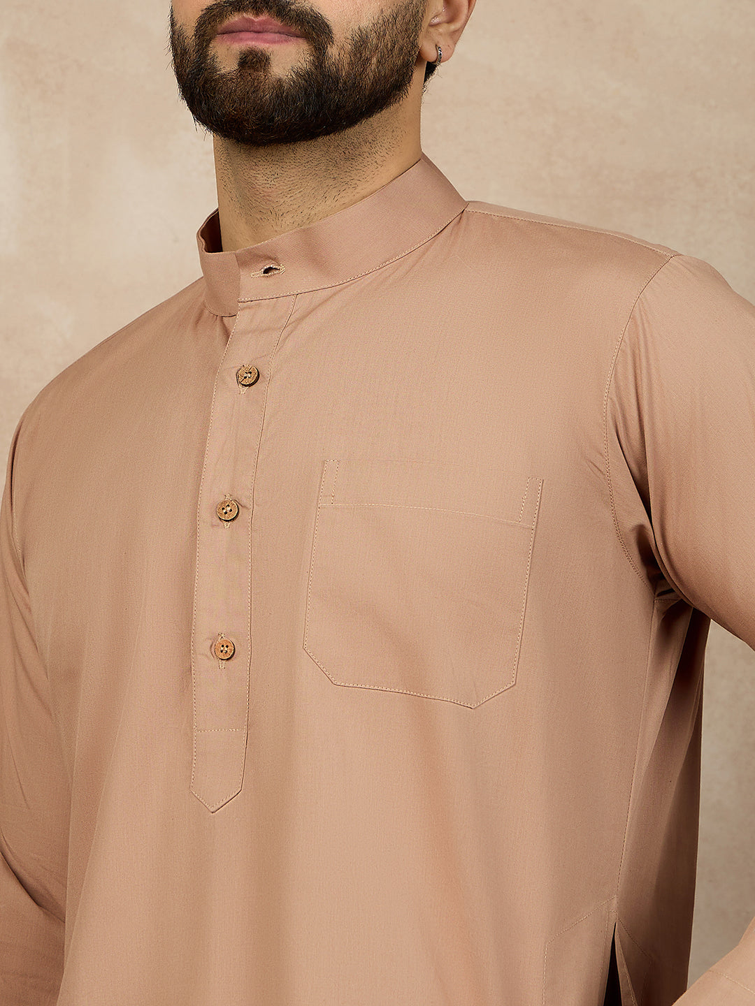 Nabia Solid Beige Cotton Kurta and White Pajama Set