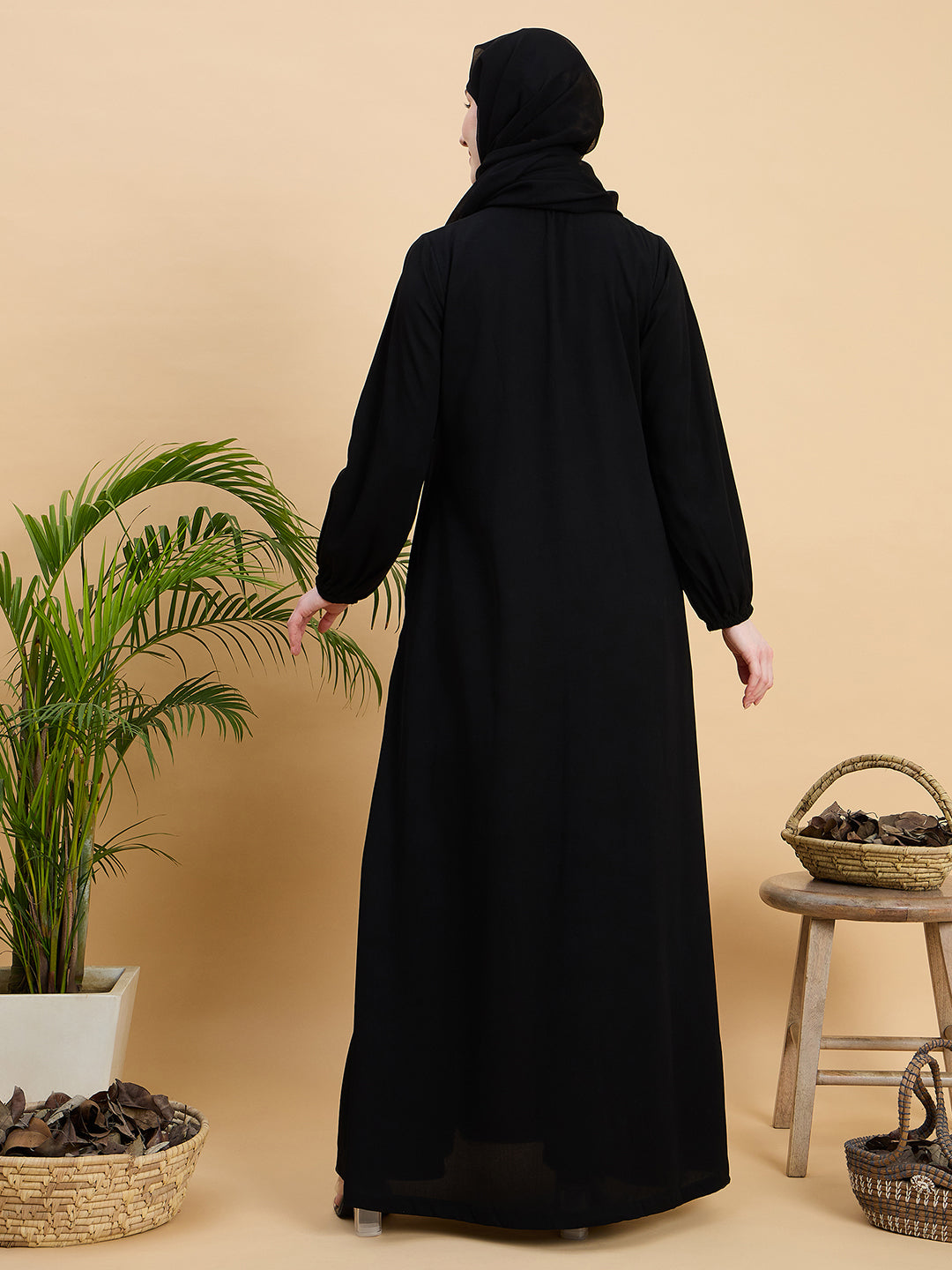 Black Solid Zip Abaya Burqa with Black Georgette Hijab