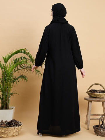 Black Solid Zip Abaya Burqa with Black Georgette Hijab