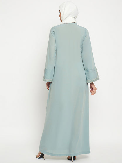 Nabia Embroidery Work Front Open Abaya with Black Scarf