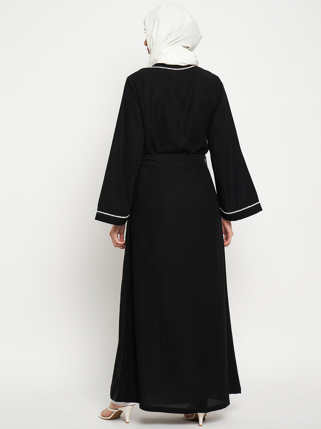 Nabia Clearance: Black Front Open Solid Lace Shrug with Black Georgette Scarf